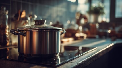 A beautifully designed kitchen with a sleek pot on a modern stove, highlighting culinary craftsmanship and inviting a warm atmosphere.
