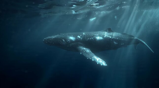 A humpback whale swims underwater with sunlight filtering through the water above.