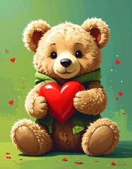 A digital illustration of a cute teddy bear holding a heart