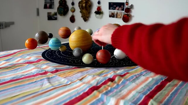 Child Playing with Solar System Model on Bed