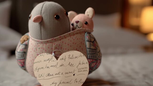 Valentine day valentine patchwork bird toy on bed in cozy room with heart card in pocket and cute rabbit inside pocket in warm romantic mood for couple in love and handmade craft style