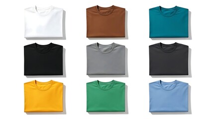 Collection of folded t-shirts in various colors