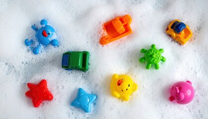 Colorful Bath Toys Floating In Bubbles And Water Playtime Fun For Children