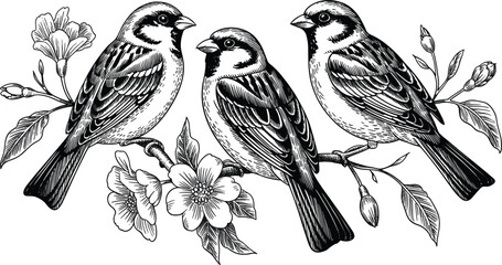 Three realistic etched house sparrows on cherry blossom branch graphic for botanical and wildlife art projects © Monjurul