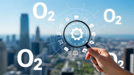 Hand holding magnifying glass over digital technology with O2 symbols and cityscape