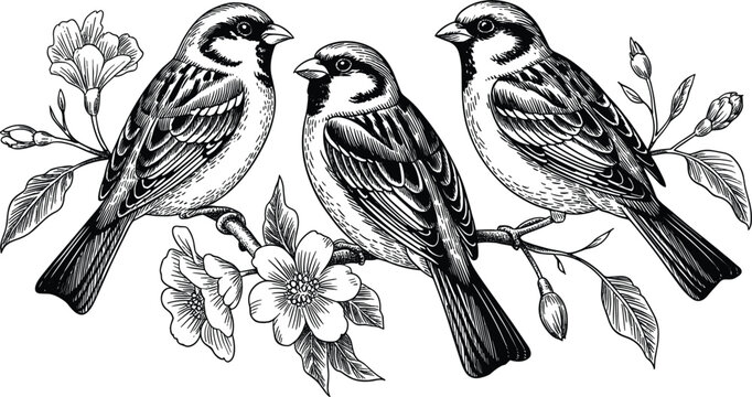 Three realistic etched house sparrows on cherry blossom branch graphic for botanical and wildlife art projects