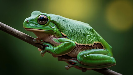 Obraz premium Green tree frog clinging to thin brown branch shows detailed skin texture and large eyes while resting in lush tropical forest environment with blurred green foliage bokeh background outdoors