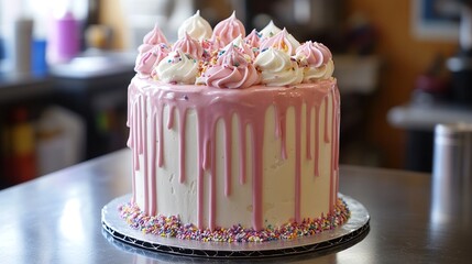 Delicious Pink Drip Cake with Swirled Frosting, Sprinkles and Soft Light Highlights &mdash; High‑Quality Close‑Up Food Photography for Bakery Branding, Dessert Menu Templates, Party Invitations, Celebration