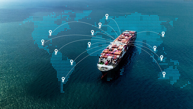 Aerial top-down view of a large container cargo ship sailing through turquoise ocean waters logistics, transportation and international shipping routes.	