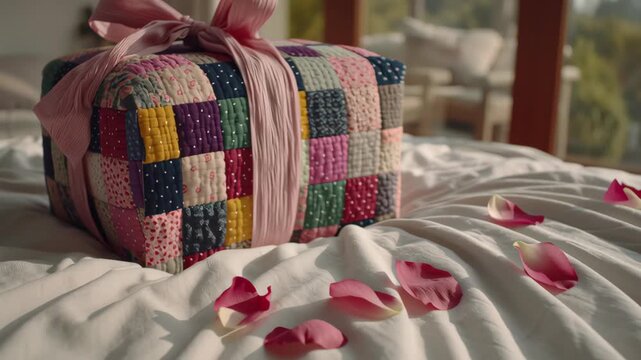 Valentine day Patchwork quilt gift valentine romantic present ribbon bow box fabric cozy morning light, pastel quilted present bed with pink ribbon bow and warm romantic surprise valentine patchwork