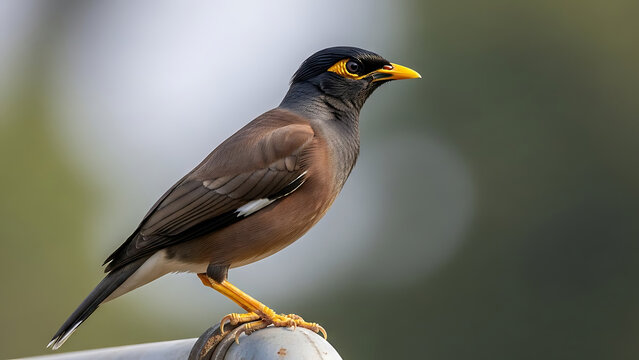 Captivating common myna bird, with its distinctive black head, yellow eye patch, and vibrant yellow beak and legs, stands poised on a metallic surface against a softly blurred, light-colored backgroun