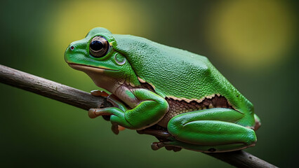 Fototapeta premium Vibrant green frog perches gracefully on a slender brown branch against a lush, out-of-focus background with soft, dappled yellow and green light, showcasing its textured skin and prominent eyes in a 