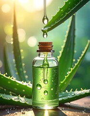 A glass bottle filled with green liquid sits on a wooden surface with aloe vera leaves behind it, as a drop of liquid falls from above