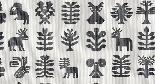 Black and white Otomi textile pattern featuring stylized animals
