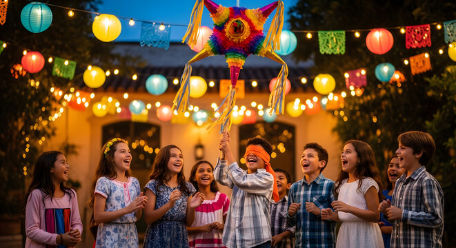 Children breaking a colorful star piata during a festive outdoor