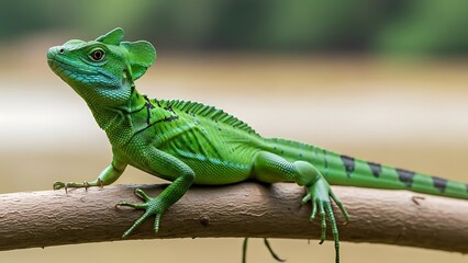Fototapeta premium Vibrant green lizard perched on tree branch in natural setting