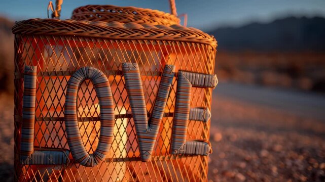Valentine day valentine love decor lantern patchwork concept woven basket wire mesh heart shape romantic gift sunset light desert road outdoor travel mood warm candlelight rustic inspirational