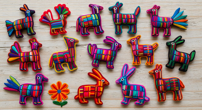 Collection of colorful Otomi embroidered animal figures on woode