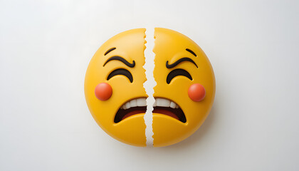 Split emoji expressing conflicting emotions on a white background, showing two halves of a yellow face with contrasting facial expressions, conceptually illustrating duality, inner conflict, and compl