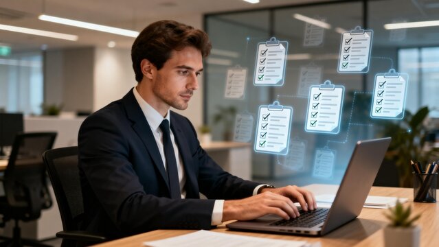 Man in suit working on laptop with checklists - Powered by Adobe