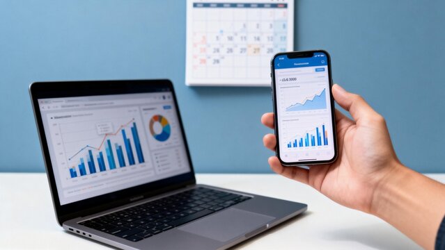 Person viewing financial data on phone and laptop - Powered by Adobe