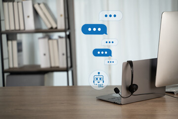 Customer support headset on desk with laptop and online chat interface, help desk communication and AI chatbot service concept for business technology in modern office, copy space.