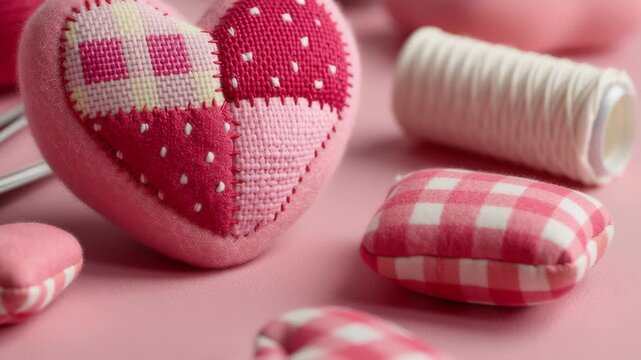 Valentine day Valentine heart patchwork soft pink sewing craft background with textile fabric detail tender romantic love gift handmade cushion concept pastel stitch style and cute needlework design