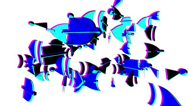 Minimalist 3D logic gates floating in white void with severe digital glitch and RGB shift effects. Seamless loop of boolean operators distorting during system error using procedural noise.