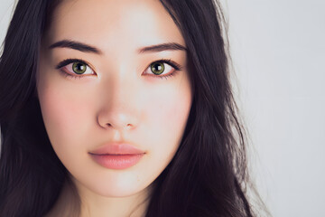 Fototapeta premium Close up portrait of Japanese woman with clear skin and beautiful eyes