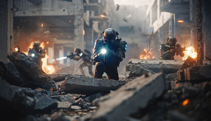 Futuristic combat soldiers firing energy weapons in destroyed city ruins