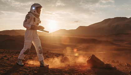 Astronaut standing on red planet surface looking at distant sun