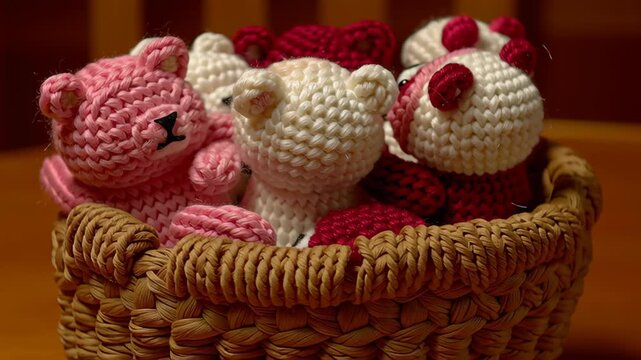 Valentine day valentine teddy bear gift basket with patchwork cozy handmade crochet animal toy group and cute crochet bear toy handmade gift valentine in woven basket creating warm romantic craft mood