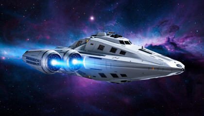 Futuristic sleek white spaceship exploring deep space nebula with blue glowing engines