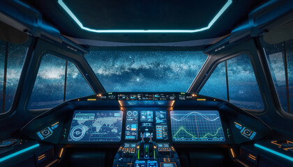High tech spaceship cockpit interior view with holographic displays and star field