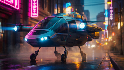 Futuristic VTOL spacecraft hovering over neon lit cyberpunk city at night