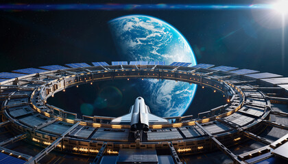 Small shuttle docking with massive orbital space station near blue planet earth