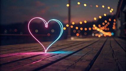 Neon heart shape with pink and blue light trails on wooden deck at night