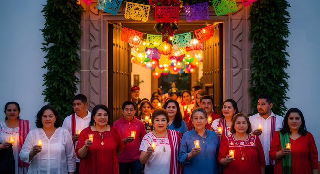 Mexican community members holding candles during traditional Pos