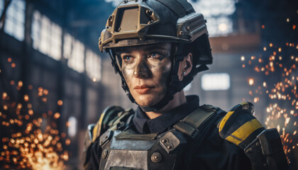 Heavily armored sci-fi trooper inspecting weapon in industrial spaceship hangar