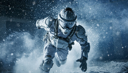 Arctic warfare sci-fi soldier walking through blizzard on frozen planet