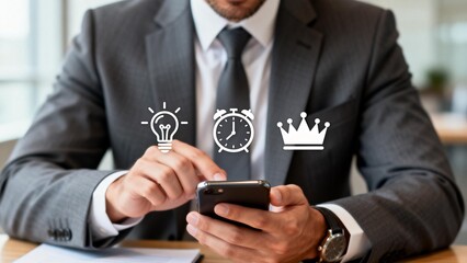 Businessman using smartphone with icons