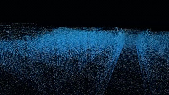 4K seamless loop of a rotating lidar point cloud city. Vertical data scan line dissolves buildings into digital dust with glitch effects.