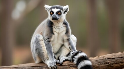 Obraz premium Ring-tailed lemur sitting on a log in forest habitat
