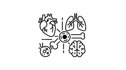 Medical Icons: Heart, Lungs, Brain, Bone, Cell - Health Research Concept