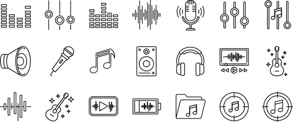 Fototapeta premium Audio and music line icon set with sound controls, waveform, microphone, headphones, speaker, and instrument symbols