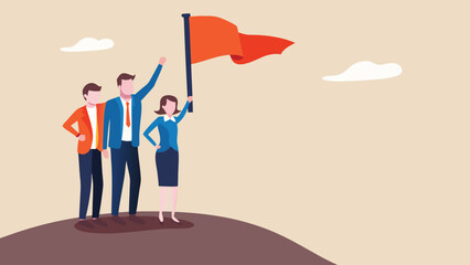 Obraz premium Three business professionals standing together on hill with flag
