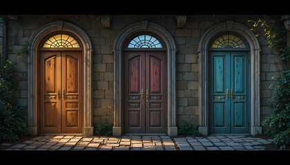 Colorful doors to different worlds, each uniquely designed with vibrant hues and imaginative styles, symbolizing creativity, adventure, and the journey to fantastical realms in a visually striking con