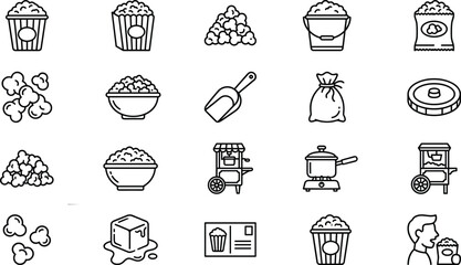 Popcorn line icon set showing buckets, bowls, kernels, machines, carts, and snack packaging icons for cinema and food themes © PixelsWorld