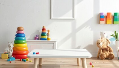 Bright Childrens Room With Colorful Toys And Soft Lighting Showing A White Table And Building Blocks