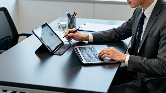 Businessman working on laptop and tablet - Powered by Adobe